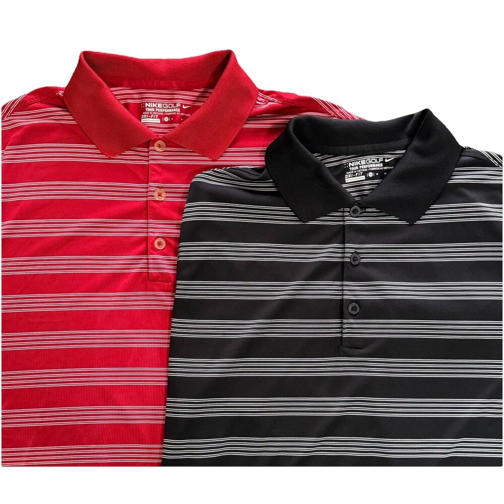 Lot Of 2 Nike Golf Polo Shirt Mens Size M Black Red Dri-Fit Striped Classic